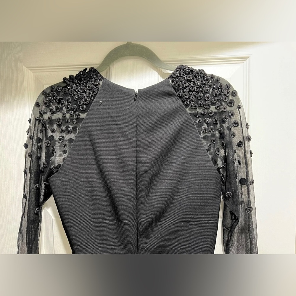 HOT Lela Rose Embellished Beaded Mesh Sleeve Ruched Sheath Black Dress $1695+! - Picture 7 of 12